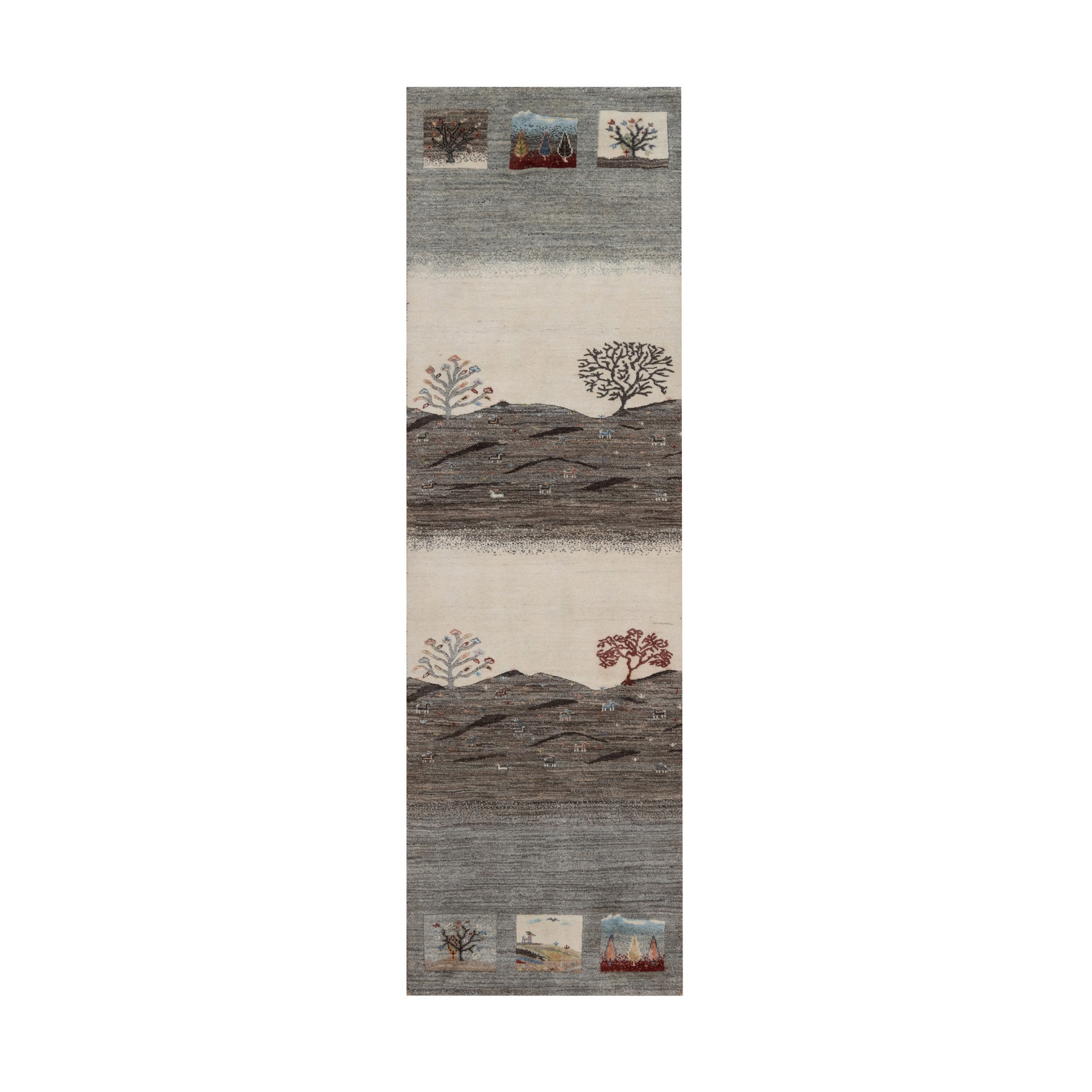 Dove Gray, Lori Buft Gabbeh with Pictorial Design, Small Animal Figurines, Modern, Soft Pile, Thick and Plush, Pure Wool, Hand Knotted, Runner, Oriental Rug
